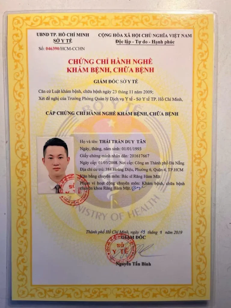 Chứng chỉ hành nghề của Bác sĩ Thái Trần Duy Tân